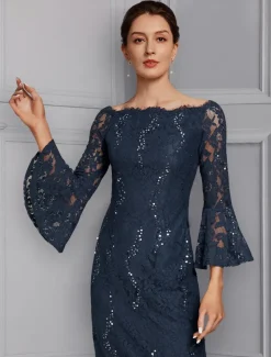 Two Piece Sheath Mother of the Bride Dress Formal Wedding Guest Elegant Party Off Shoulder Knee Length Chiffon Lace Imitated Silk 3/4 Length Sleeve with Bow(s) free custom size