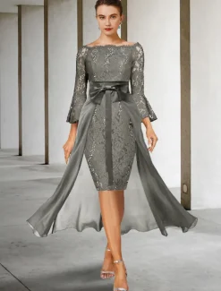 Two Piece Sheath Mother of the Bride Dress Formal Wedding Guest Elegant Party Off Shoulder Knee Length Chiffon Lace Imitated Silk 3/4 Length Sleeve with Bow(s) free custom size