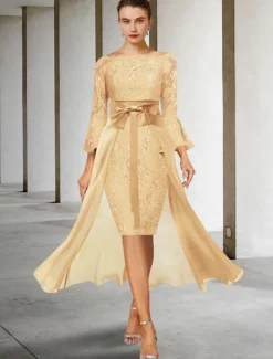 Two Piece Sheath Mother of the Bride Dress Formal Wedding Guest Elegant Party Off Shoulder Knee Length Chiffon Lace Imitated Silk 3/4 Length Sleeve with Bow(s) free custom size