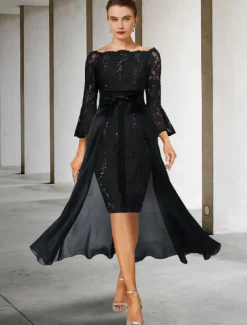 Two Piece Sheath Mother of the Bride Dress Formal Wedding Guest Elegant Party Off Shoulder Knee Length Chiffon Lace Imitated Silk 3/4 Length Sleeve with Bow(s) free custom size