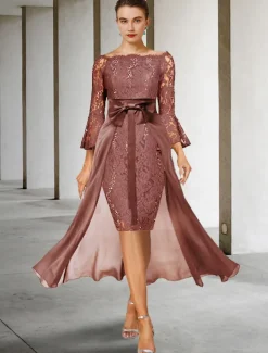 Two Piece Sheath Mother of the Bride Dress Formal Wedding Guest Elegant Party Off Shoulder Knee Length Chiffon Lace Imitated Silk 3/4 Length Sleeve with Bow(s) free custom size