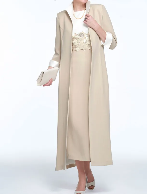 Two Piece Sheath Mother of the Bride Dress Wedding Guest Church Elegant Jewel Neck Ankle Length Stretch Fabric Sleeveless with Appliques Race Day Dress free custom size