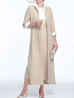 Two Piece Sheath Mother of the Bride Dress Wedding Guest Church Elegant Jewel Neck Ankle Length Stretch Fabric Sleeveless with Appliques Race Day Dress free custom size