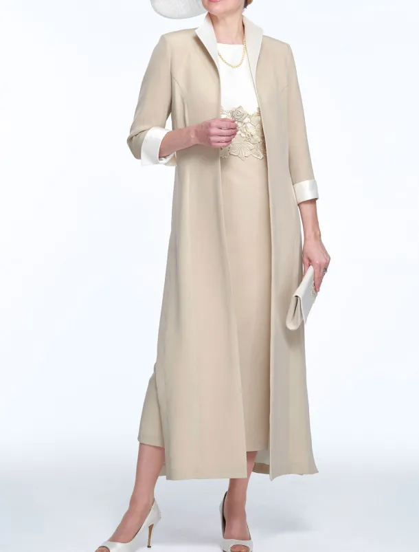 Two Piece Sheath Mother of the Bride Dress Wedding Guest Church Elegant Jewel Neck Ankle Length Stretch Fabric Sleeveless with Appliques Race Day Dress free custom size