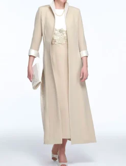 Two Piece Sheath Mother of the Bride Dress Wedding Guest Church Elegant Jewel Neck Ankle Length Stretch Fabric Sleeveless with Appliques Race Day Dress free custom size