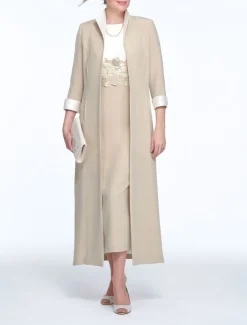 Two Piece Sheath Mother of the Bride Dress Wedding Guest Church Elegant Jewel Neck Ankle Length Stretch Fabric Sleeveless with Appliques Race Day Dress free custom size