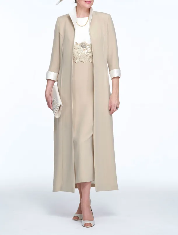 Two Piece Sheath Mother of the Bride Dress Wedding Guest Church Elegant Jewel Neck Ankle Length Stretch Fabric Sleeveless with Appliques Race Day Dress free custom size