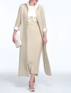 Two Piece Sheath Mother of the Bride Dress Wedding Guest Church Elegant Jewel Neck Ankle Length Stretch Fabric Sleeveless with Appliques Race Day Dress free custom size