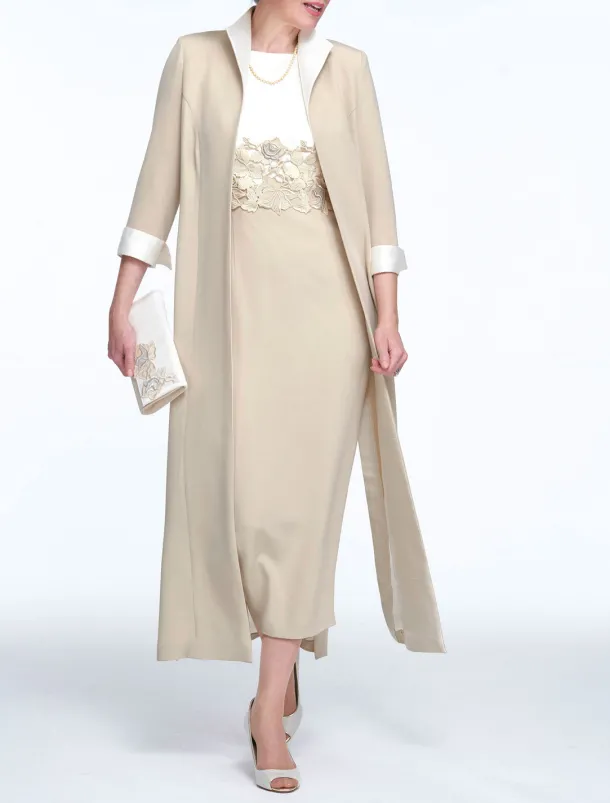 Two Piece Sheath Mother of the Bride Dress Wedding Guest Church Elegant Jewel Neck Ankle Length Stretch Fabric Sleeveless with Appliques Race Day Dress free custom size