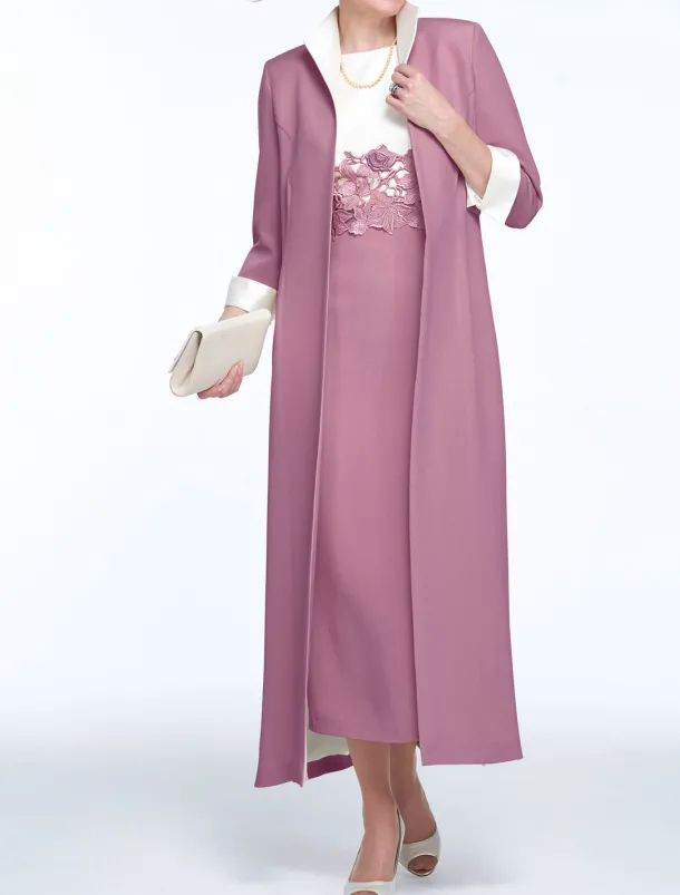 Two Piece Sheath Mother of the Bride Dress Wedding Guest Church Elegant Jewel Neck Ankle Length Stretch Fabric Sleeveless with Appliques Race Day Dress free custom size