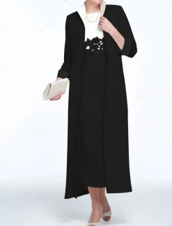 Two Piece Sheath Mother of the Bride Dress Wedding Guest Church Elegant Jewel Neck Ankle Length Stretch Fabric Sleeveless with Appliques Race Day Dress free custom size