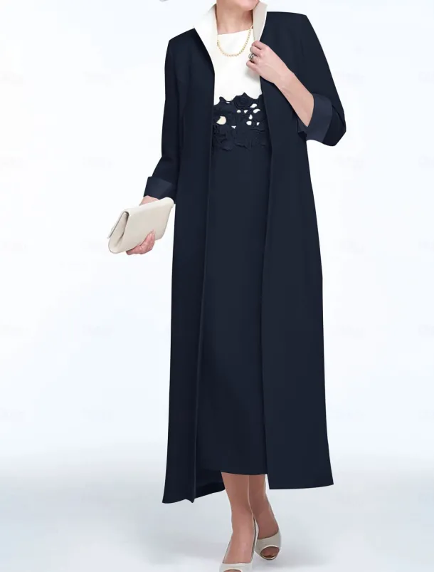 Two Piece Sheath Mother of the Bride Dress Wedding Guest Church Elegant Jewel Neck Ankle Length Stretch Fabric Sleeveless with Appliques Race Day Dress free custom size