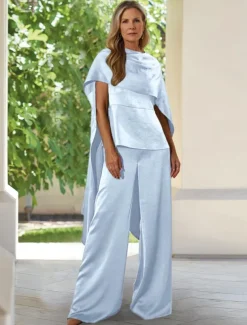 Two Piece Wrinkled Satin Pantsuit Mother of the Bride Pantsuit Elegant Simple Minimalist Cowl Neck Funnel Neck Floor Length Sleeveless Short Sleeve with Draping