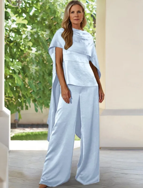 Two Piece Wrinkled Satin Pantsuit Mother of the Bride Pantsuit Elegant Simple Minimalist Cowl Neck Funnel Neck Floor Length Sleeveless Short Sleeve with Draping
