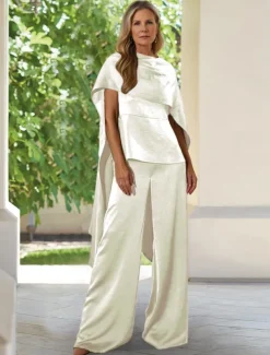 Two Piece Wrinkled Satin Pantsuit Mother of the Bride Pantsuit Elegant Simple Minimalist Cowl Neck Funnel Neck Floor Length Sleeveless Short Sleeve with Draping