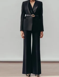 Two Pieces Pantsuit Mother of the Bride Collarless Pleated Blazer Set V Neck Long Sleeve Floor Length Pants