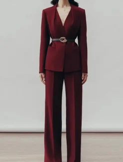 Two Pieces Pantsuit Mother of the Bride Collarless Pleated Blazer Set V Neck Long Sleeve Floor Length Pants