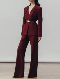 Two Pieces Pantsuit Mother of the Bride Collarless Pleated Blazer Set V Neck Long Sleeve Floor Length Pants