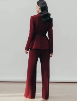 Two Pieces Pantsuit Mother of the Bride Collarless Pleated Blazer Set V Neck Long Sleeve Floor Length Pants