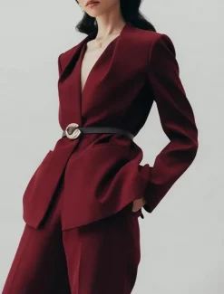 Two Pieces Pantsuit Mother of the Bride Collarless Pleated Blazer Set V Neck Long Sleeve Floor Length Pants