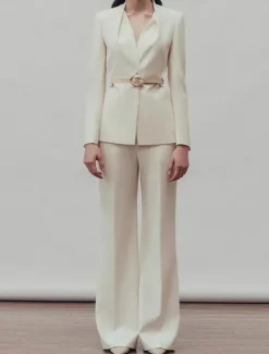 Two Pieces Pantsuit Mother of the Bride Collarless Pleated Blazer Set V Neck Long Sleeve Floor Length Pants
