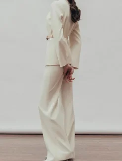 Two Pieces Pantsuit Mother of the Bride Collarless Pleated Blazer Set V Neck Long Sleeve Floor Length Pants