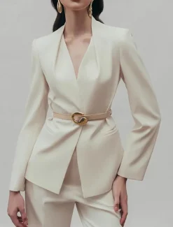 Two Pieces Pantsuit Mother of the Bride Collarless Pleated Blazer Set V Neck Long Sleeve Floor Length Pants