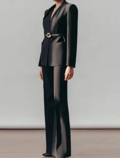 Two Pieces Pantsuit Mother of the Bride Collarless Pleated Blazer Set V Neck Long Sleeve Floor Length Pants