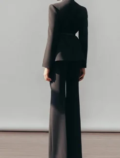 Two Pieces Pantsuit Mother of the Bride Collarless Pleated Blazer Set V Neck Long Sleeve Floor Length Pants