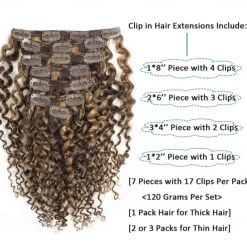 Two Tone Color 14Inch Jerry Curly Clip in Hair Extension Human Hair #4 Dark Brown Color with #27 Strawberry Blonde Color 3B 3C Curly Double Weft with 7pieces 120Grams Per Pack