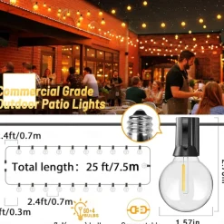 UL Certified Outdoor LED Bulb String Lights 98ft 30m String Lights Outdoor with Shatterproof G40 LED Bulbs Waterproof Hanging Patio Lighting for Christmas Patio House Backyard Balcony Party