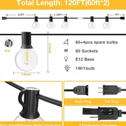 UL Certified Outdoor LED Bulb String Lights 98ft 30m String Lights Outdoor with Shatterproof G40 LED Bulbs Waterproof Hanging Patio Lighting for Christmas Patio House Backyard Balcony Party