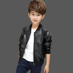 Ulknn Baby Boys Pu Jackets Threaded Round Neck Jacket Autumn And Winter Plus Velvet Thickening All Season