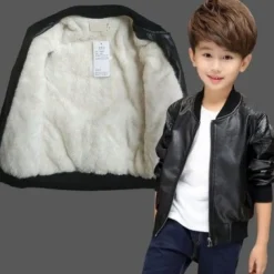 Ulknn Baby Boys Pu Jackets Threaded Round Neck Jacket Autumn And Winter Plus Velvet Thickening All Season