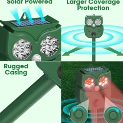 Ultrasonic Animal Repeller – Waterproof Solar Powered Motion Detection Device with LED Flash for Dogs, Cats, Foxes, Raccoons, Squirrels