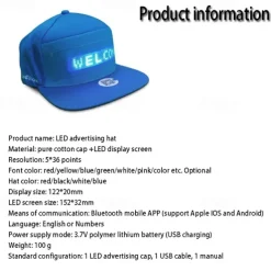 Unisex Bluetooth LED Mobile Phone APP Controlled Baseball Hat Scroll Message Display Board Hip Hop Street Snapback Cap