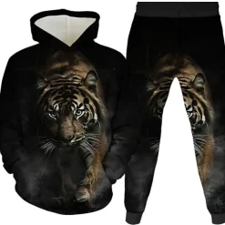 Unisex 3D Graphic Tiger Hoodie & Pants Pants Set Hoodie Set Long Sleeve Spring Fall Winter Sports Daily Polyester Kids 3-12 Years Outdoor Sports Loose Fit