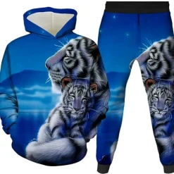 Unisex 3D Graphic Tiger Hoodie & Pants Pants Set Hoodie Set Long Sleeve Spring Fall Winter Sports Daily Polyester Kids 3-12 Years Outdoor Sports Loose Fit