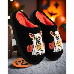 Unisex Halloween Dog Embroidered Fleece Slippers – Cozy Indoor House Shoes with Pumpkin Design for Women and Men