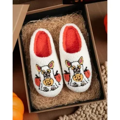 Unisex Halloween Dog Embroidered Fleece Slippers – Cozy Indoor House Shoes with Pumpkin Design for Women and Men