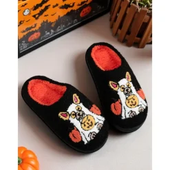 Unisex Halloween Dog Embroidered Fleece Slippers – Cozy Indoor House Shoes with Pumpkin Design for Women and Men