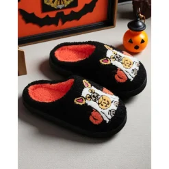 Unisex Halloween Dog Embroidered Fleece Slippers – Cozy Indoor House Shoes with Pumpkin Design for Women and Men