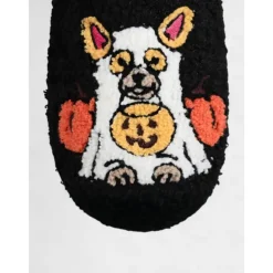 Unisex Halloween Dog Embroidered Fleece Slippers – Cozy Indoor House Shoes with Pumpkin Design for Women and Men