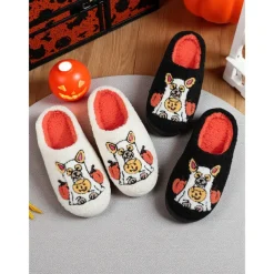 Unisex Halloween Dog Embroidered Fleece Slippers – Cozy Indoor House Shoes with Pumpkin Design for Women and Men