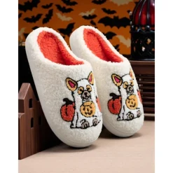Unisex Halloween Dog Embroidered Fleece Slippers – Cozy Indoor House Shoes with Pumpkin Design for Women and Men