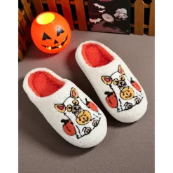 Unisex Halloween Dog Embroidered Fleece Slippers – Cozy Indoor House Shoes with Pumpkin Design for Women and Men