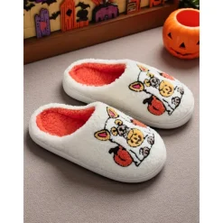 Unisex Halloween Dog Embroidered Fleece Slippers – Cozy Indoor House Shoes with Pumpkin Design for Women and Men
