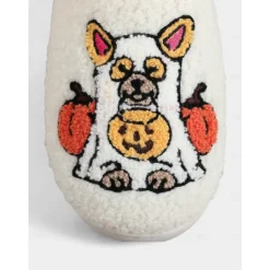 Unisex Halloween Dog Embroidered Fleece Slippers – Cozy Indoor House Shoes with Pumpkin Design for Women and Men