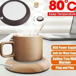 Up To 80 Celsius Degree Cup Warmer USB Coffee Mug Electric Heater Plate Desktop Wood Grain Cup Warmer Heat Beverage Mug Mat Tea Coffee Milk Heater Pad Coasters For Office & Home