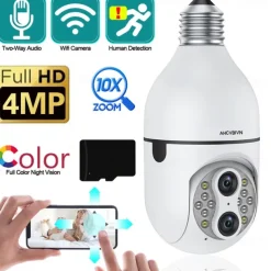 Upgraded Dual Lens 10XHybrid Zoom Light Bulb Security Camera WIFI 360 Auto Tracking Security Camera Color Night Vision Siren& Light Alarm PTZ IP Camera For Home Security